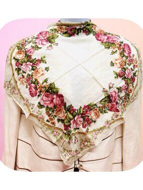 New   Burberry Neck-handker /Mini Scarf 21" Cotton Olive Gray Floral Check(78